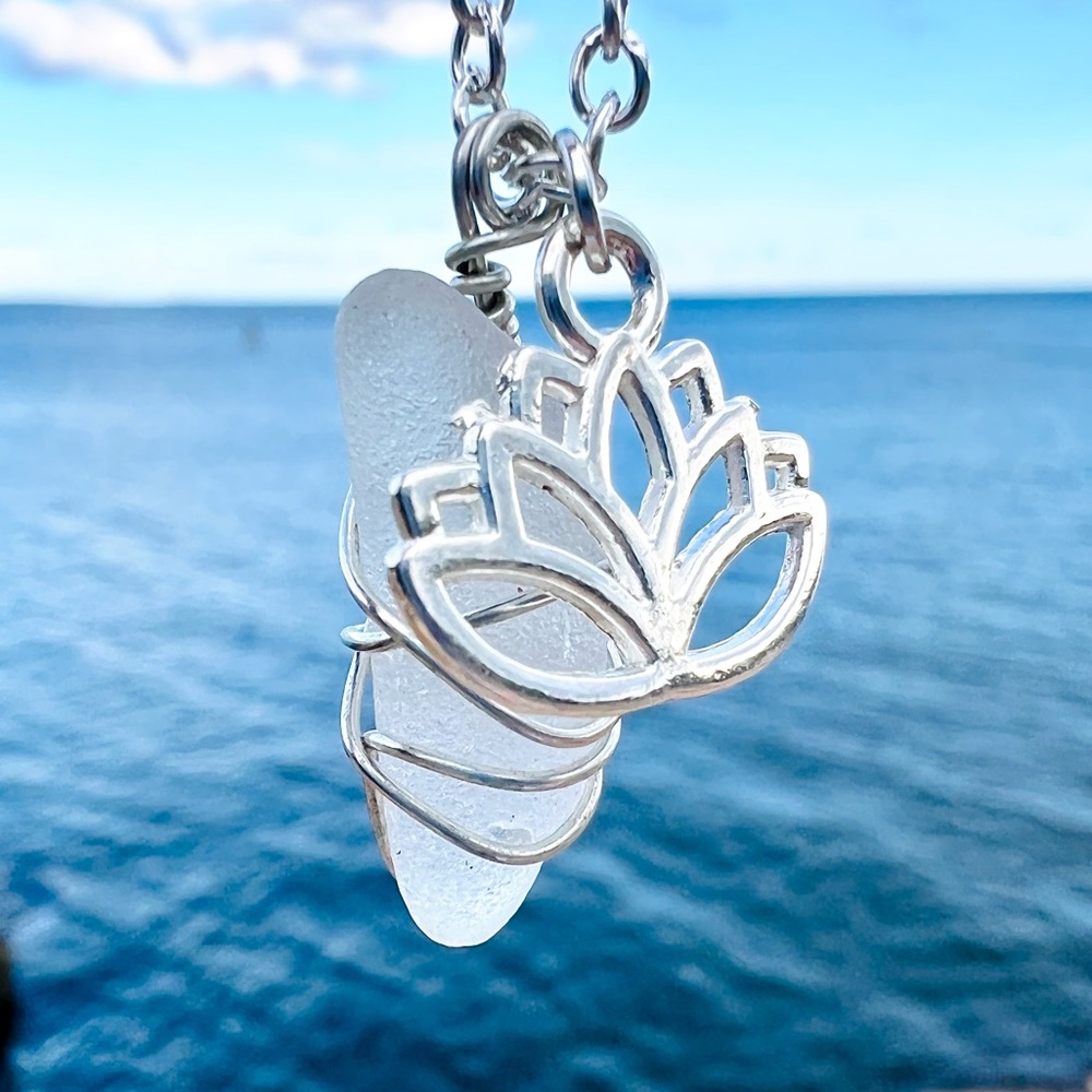 White Seaglass Lotus Flower Necklace